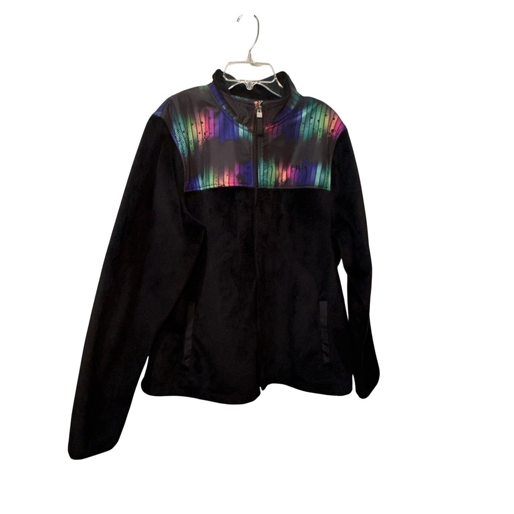 Fila Sport Womens XL Black Fleece Full Zip Jacket Rainbow Equalizer Graphic 1428